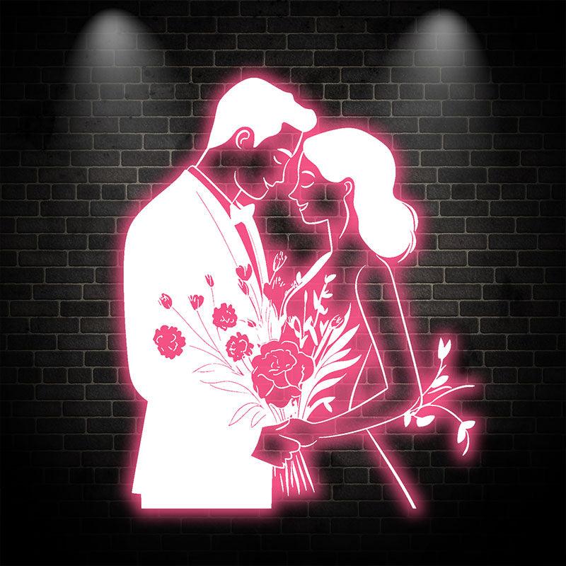 Pink Art LED Neon signs Lights | Bride and Groom Holding Flowers Happy Hugs Decoration Lights | Suitable for Wedding and Home Decoration