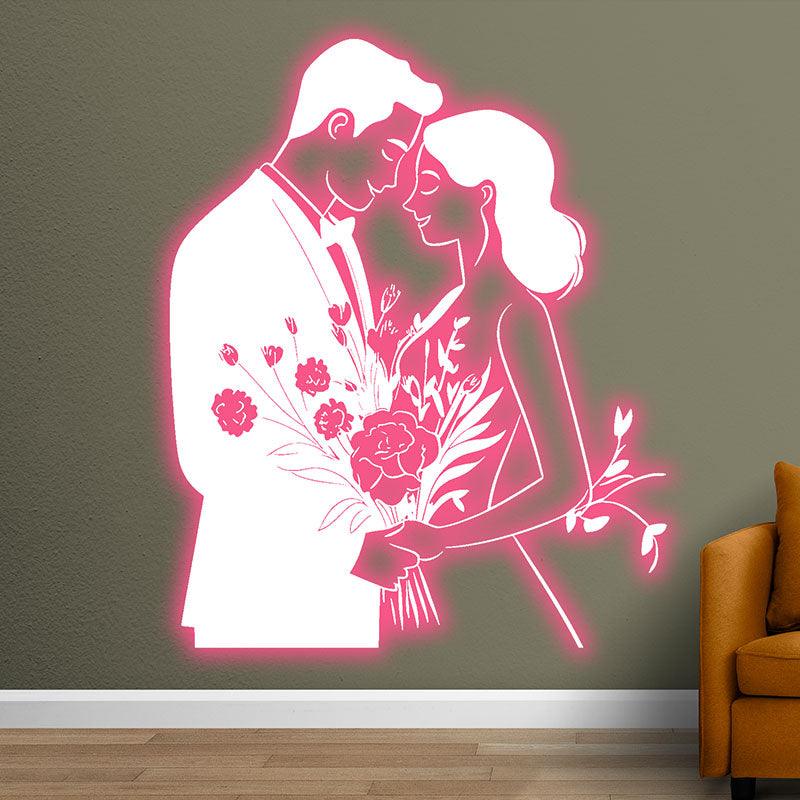 Pink Art LED Neon signs Lights | Bride and Groom Holding Flowers Happy Hugs Decoration Lights | Suitable for Wedding and Home Decoration
