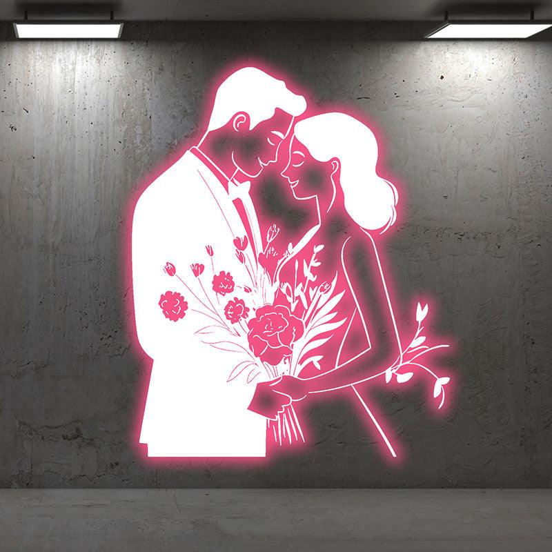 Pink Art LED Neon signs Lights | Bride and Groom Holding Flowers Happy Hugs Decoration Lights | Suitable for Wedding and Home Decoration