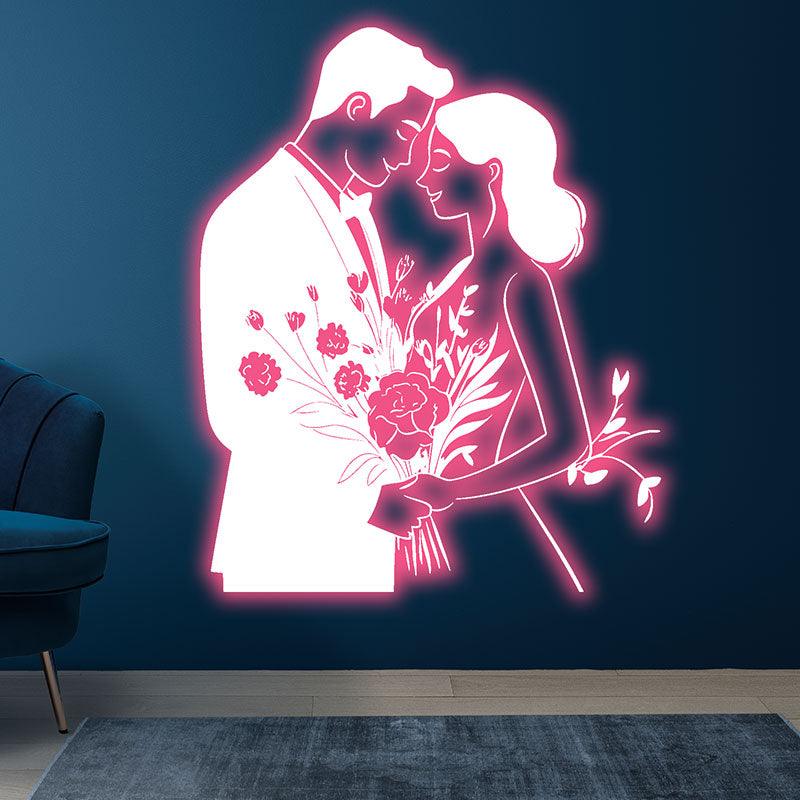 Pink Art LED Neon signs Lights | Bride and Groom Holding Flowers Happy Hugs Decoration Lights | Suitable for Wedding and Home Decoration