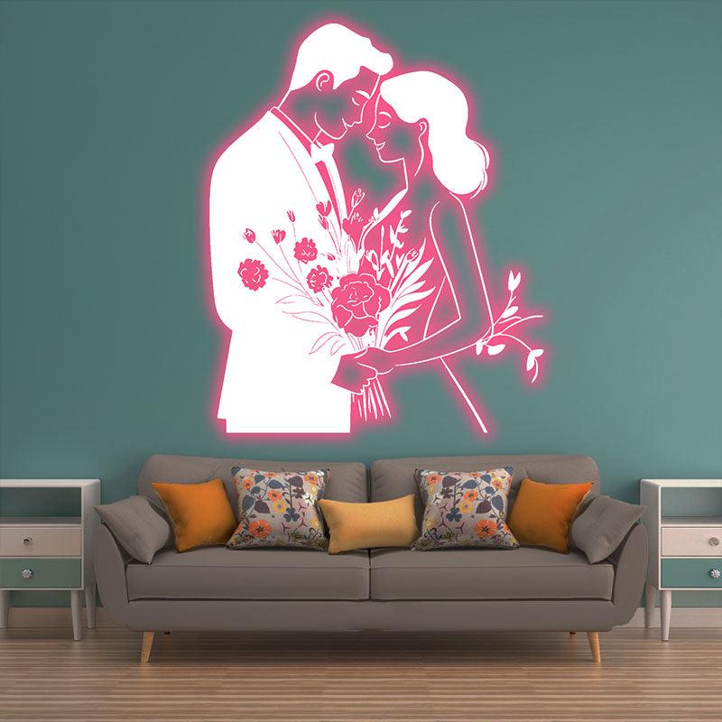 Pink Art LED Neon signs Lights | Bride and Groom Holding Flowers Happy Hugs Decoration Lights | Suitable for Wedding and Home Decoration