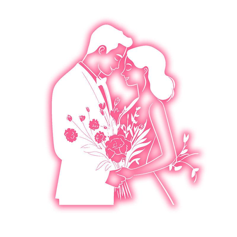 Pink Art LED Neon signs Lights | Bride and Groom Holding Flowers Happy Hugs Decoration Lights | Suitable for Wedding and Home Decoration