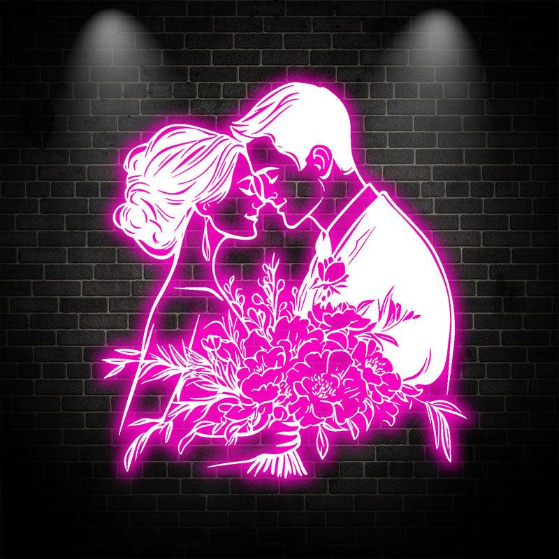 Pink Art LED Neon signs| Bride and Groom Holding Big Flowers Happy Embrace Bust Decoration Light | Suitable for Wedding and Home Decoration