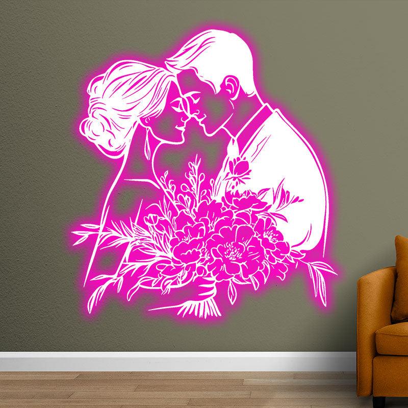 Pink Art LED Neon signs| Bride and Groom Holding Big Flowers Happy Embrace Bust Decoration Light | Suitable for Wedding and Home Decoration