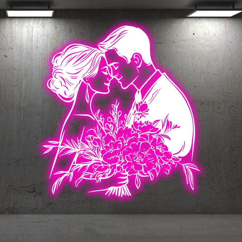 Pink Art LED Neon signs| Bride and Groom Holding Big Flowers Happy Embrace Bust Decoration Light | Suitable for Wedding and Home Decoration