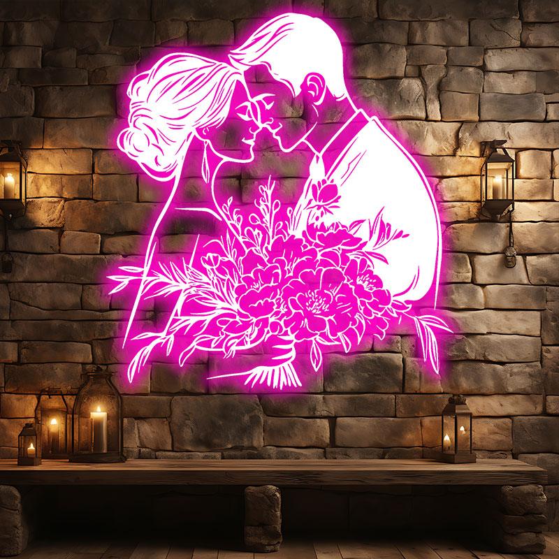 Pink Art LED Neon signs| Bride and Groom Holding Big Flowers Happy Embrace Bust Decoration Light | Suitable for Wedding and Home Decoration