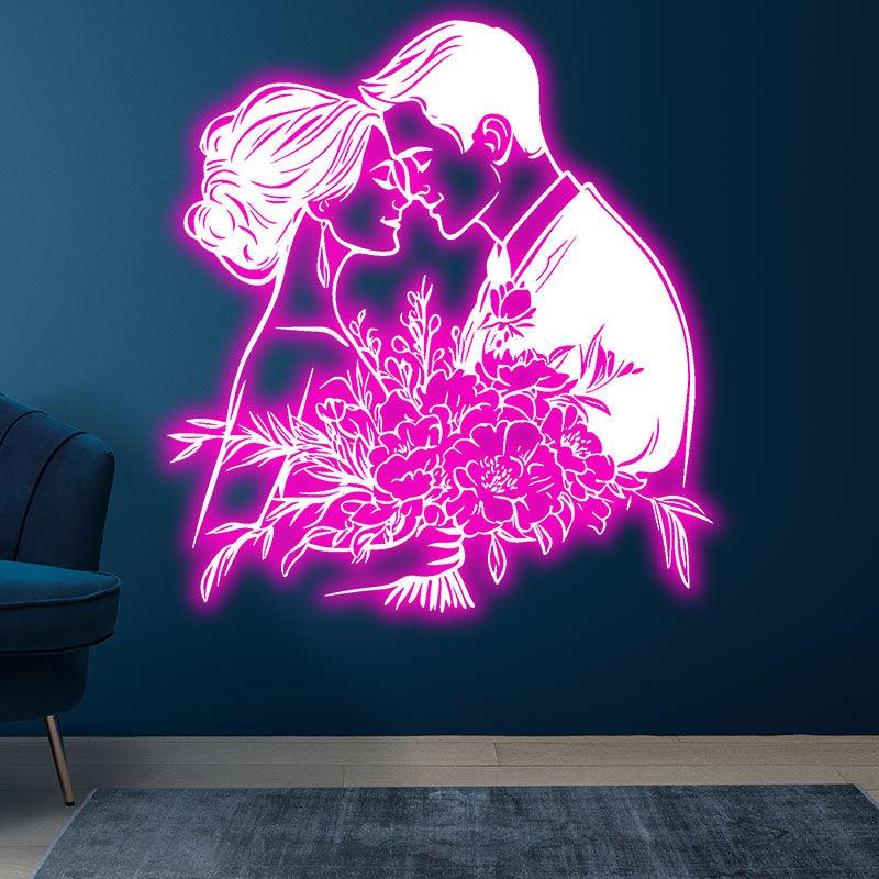 Pink Art LED Neon signs| Bride and Groom Holding Big Flowers Happy Embrace Bust Decoration Light | Suitable for Wedding and Home Decoration