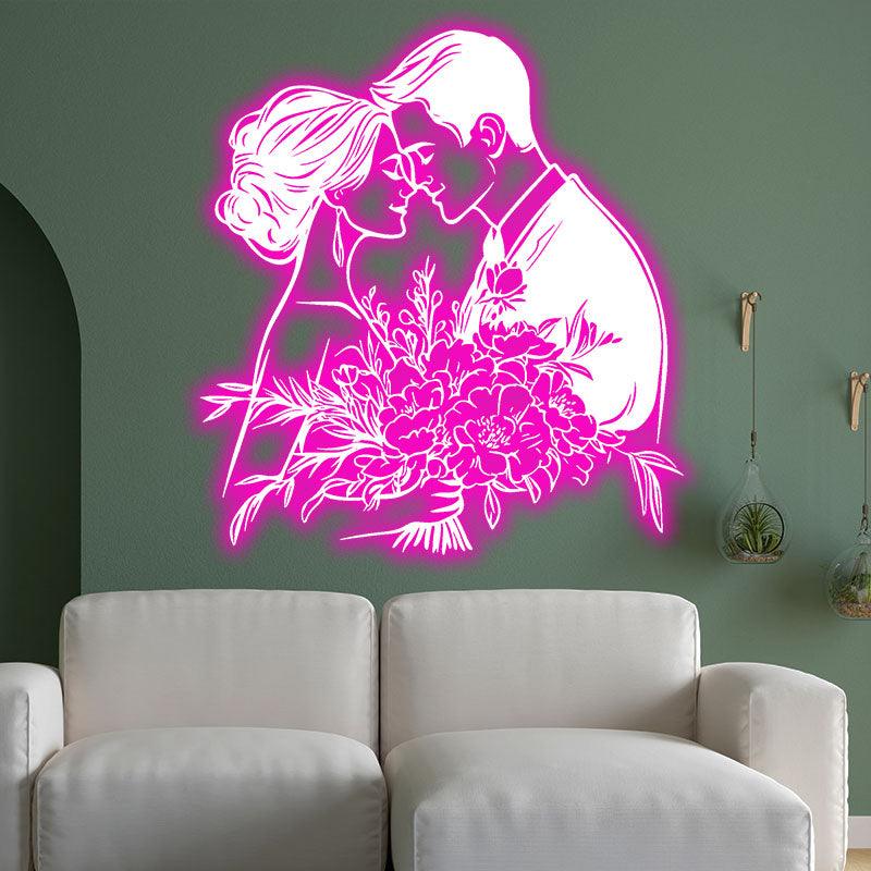 Pink Art LED Neon signs| Bride and Groom Holding Big Flowers Happy Embrace Bust Decoration Light | Suitable for Wedding and Home Decoration