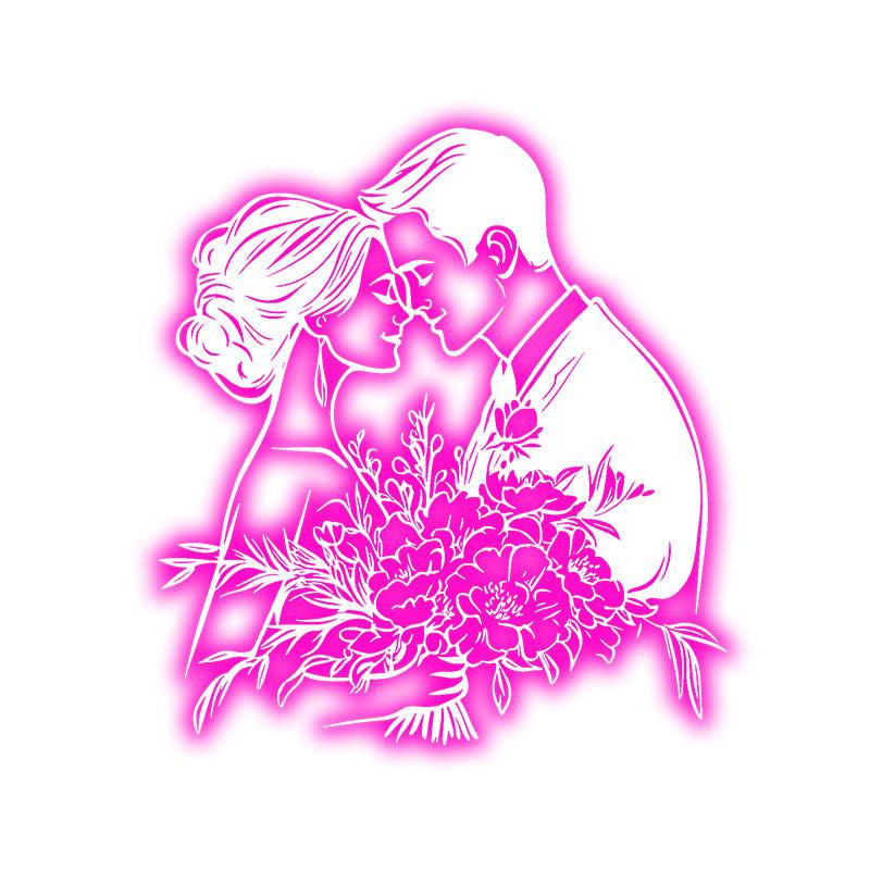Pink Art LED Neon signs| Bride and Groom Holding Big Flowers Happy Embrace Bust Decoration Light | Suitable for Wedding and Home Decoration