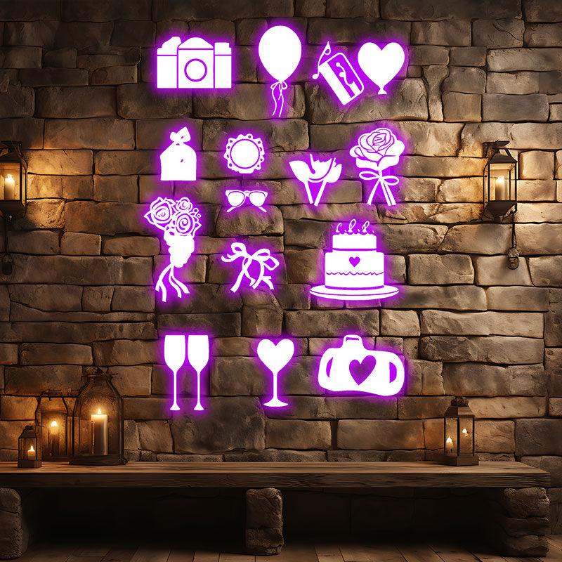 Festive Party Props LED signs Neon | Camera, Bouquet, Cake, Flower, Wine Decoration Lights | For Wedding, Birthday & Celebration