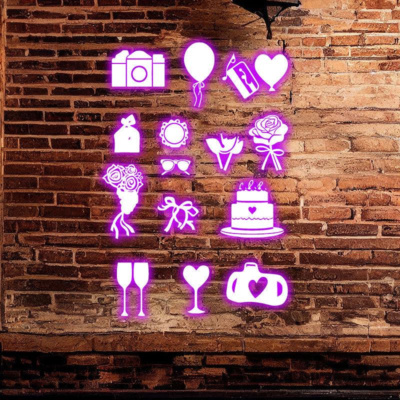 Festive Party Props LED signs Neon | Camera, Bouquet, Cake, Flower, Wine Decoration Lights | For Wedding, Birthday & Celebration