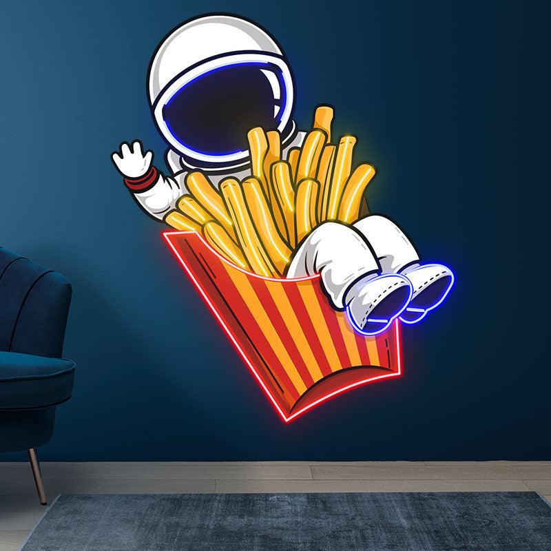 Spaceman Sitting in French Fry Box LED Neon signs | Spiced French Fries Creative Decorative Lights | Fun Home & Shop Lighting