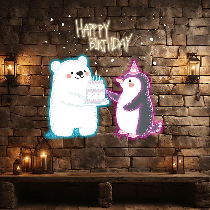 Bear & Bunny Lift Cake Happy Birthday Neon signs | LED Decoration Lights | Cute Birthday Celebration Decoration | Creative Party Favors