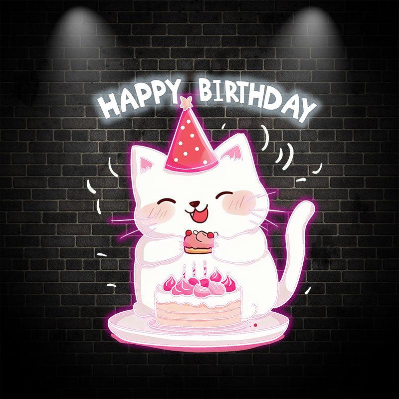 Happy Kitten With Hat Happy Birthday Neon signs | LED Decoration Lights | Cute Birthday Cake Wishing Lights | Creative Party Decoration