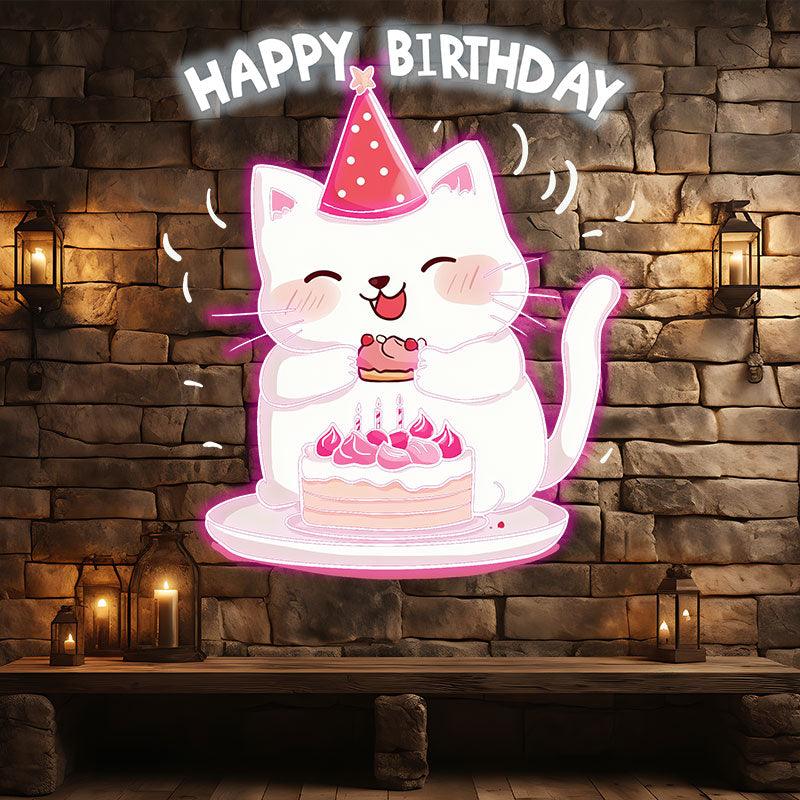 Happy Kitten With Hat Happy Birthday Neon signs | LED Decoration Lights | Cute Birthday Cake Wishing Lights | Creative Party Decoration
