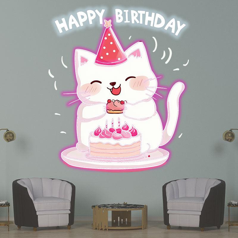 Happy Kitten With Hat Happy Birthday Neon signs | LED Decoration Lights | Cute Birthday Cake Wishing Lights | Creative Party Decoration