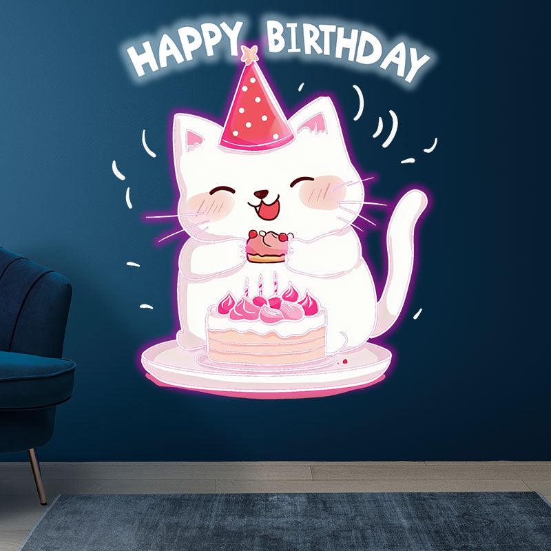 Happy Kitten With Hat Happy Birthday Neon signs | LED Decoration Lights | Cute Birthday Cake Wishing Lights | Creative Party Decoration