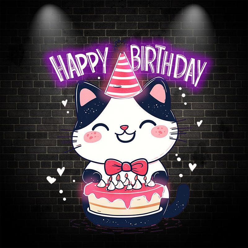 Happy Flower Kitten with Hat Happy Birthday Neon signs | LED Decoration Lights | Cute Cake Wishing Lights | Creative Birthday Party Decoration