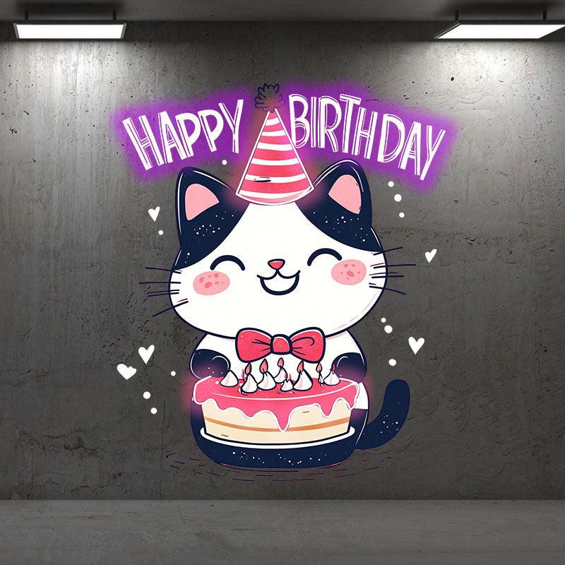 Happy Flower Kitten with Hat Happy Birthday Neon signs | LED Decoration Lights | Cute Cake Wishing Lights | Creative Birthday Party Decoration