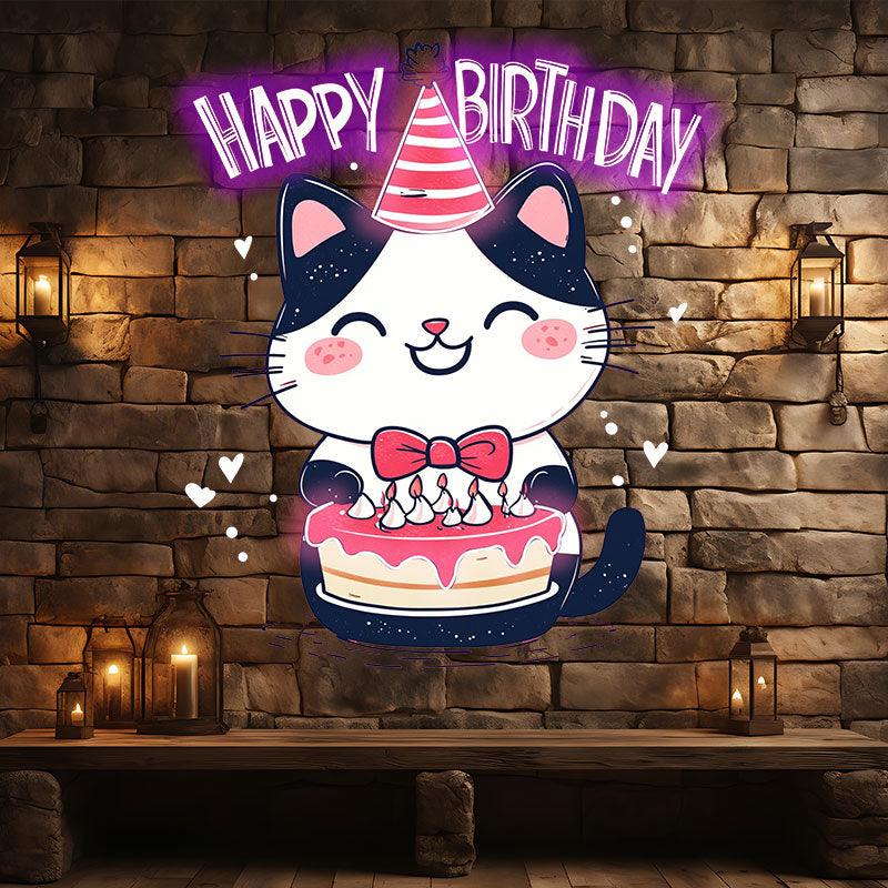 Happy Flower Kitten with Hat Happy Birthday Neon signs | LED Decoration Lights | Cute Cake Wishing Lights | Creative Birthday Party Decoration