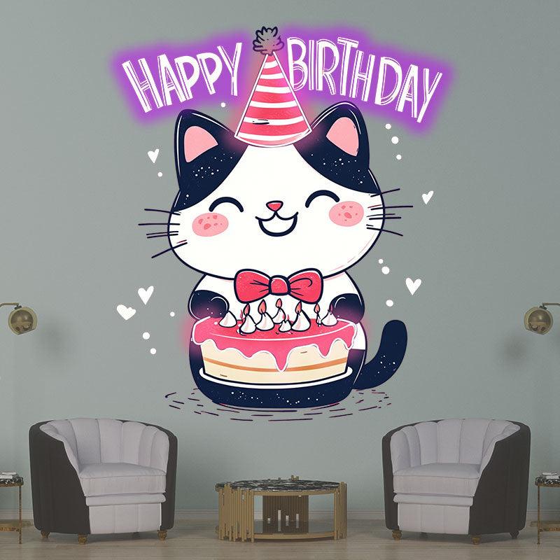 Happy Flower Kitten with Hat Happy Birthday Neon signs | LED Decoration Lights | Cute Cake Wishing Lights | Creative Birthday Party Decoration