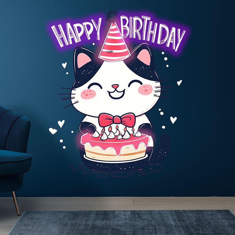 Happy Flower Kitten with Hat Happy Birthday Neon signs | LED Decoration Lights | Cute Cake Wishing Lights | Creative Birthday Party Decoration