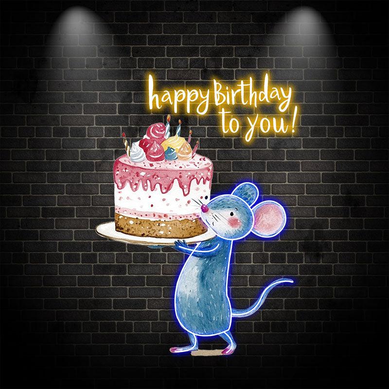 Little Mouse Lifting Big Cake Happy Birthday Neon | LED Decoration Lights | Cute Birthday Party Decoration | Creative Gifts