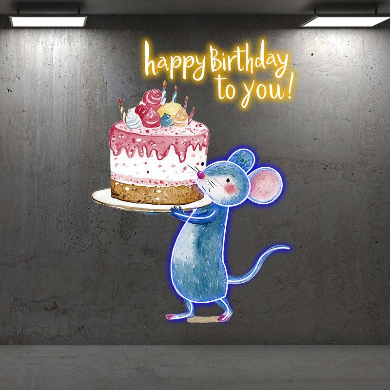 Little Mouse Lifting Big Cake Happy Birthday Neon | LED Decoration Lights | Cute Birthday Party Decoration | Creative Gifts