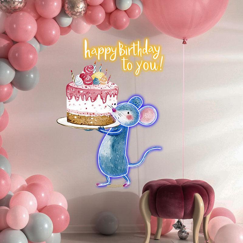 Little Mouse Lifting Big Cake Happy Birthday Neon | LED Decoration Lights | Cute Birthday Party Decoration | Creative Gifts