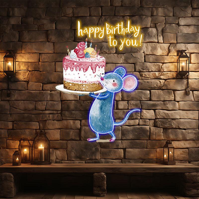 Little Mouse Lifting Big Cake Happy Birthday Neon | LED Decoration Lights | Cute Birthday Party Decoration | Creative Gifts