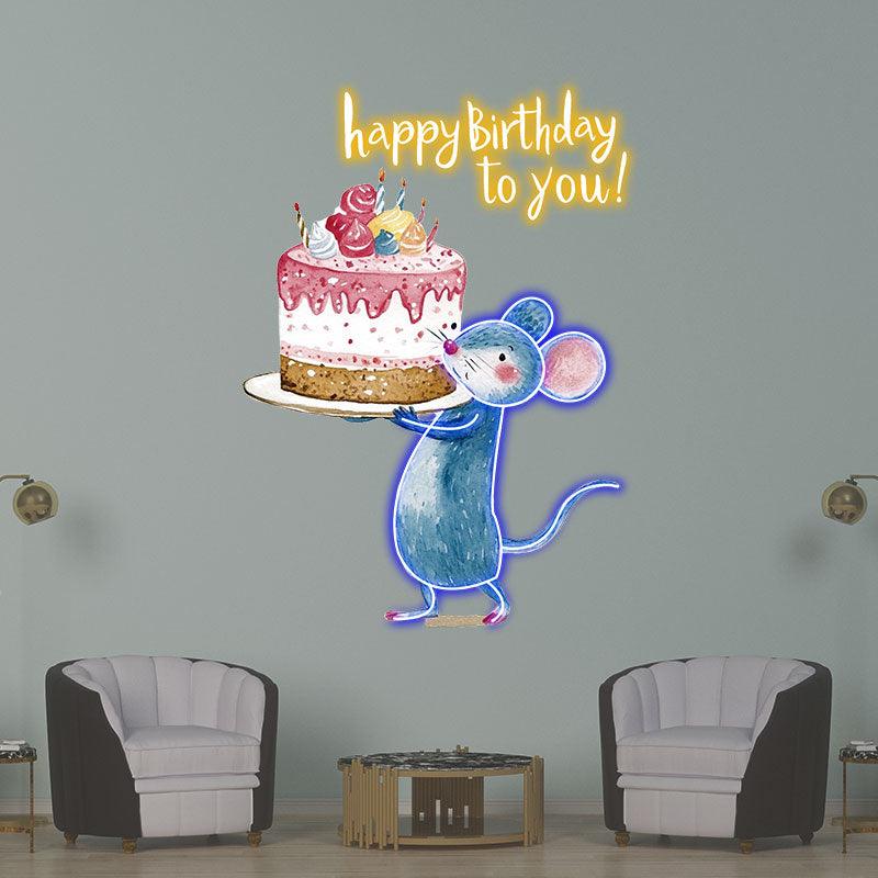 Little Mouse Lifting Big Cake Happy Birthday Neon | LED Decoration Lights | Cute Birthday Party Decoration | Creative Gifts