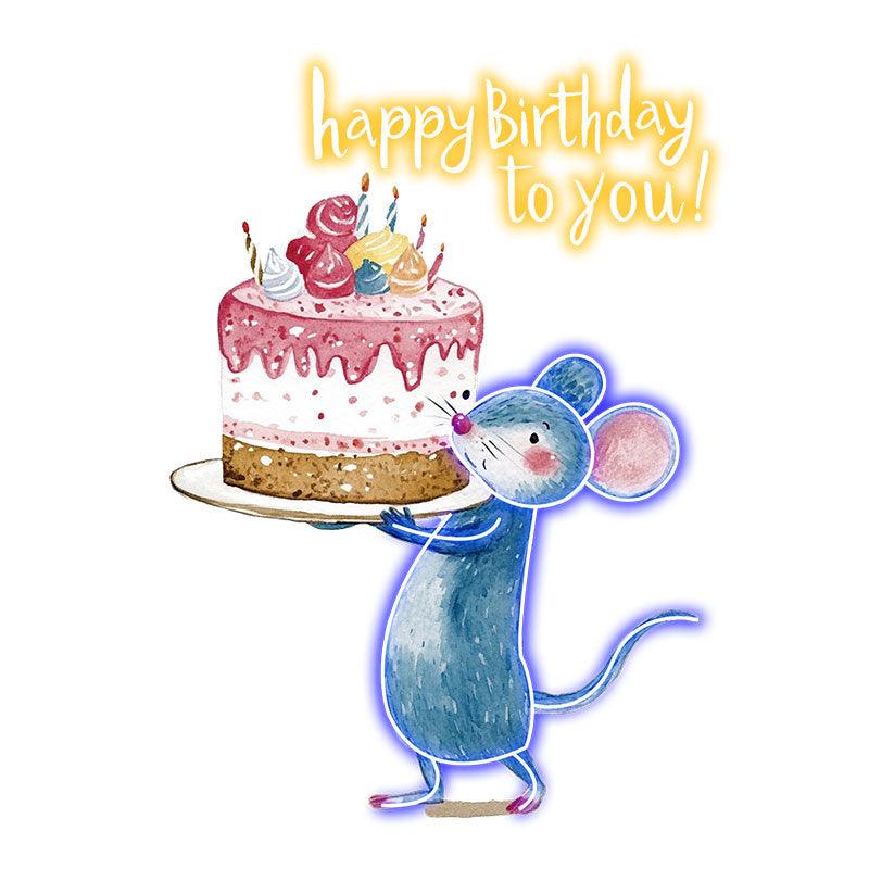 Little Mouse Lifting Big Cake Happy Birthday Neon | LED Decoration Lights | Cute Birthday Party Decoration | Creative Gifts