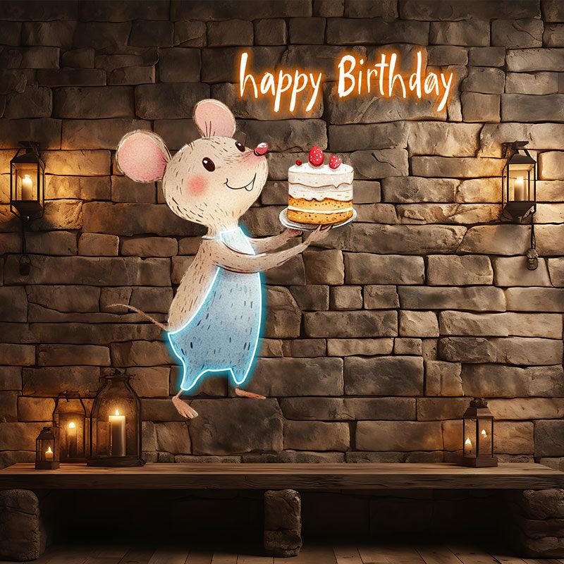 Mouse with cupcake Happy Birthday Neon signs| LED Decoration Lights | Cute Birthday Party Decoration | Creative Gifts