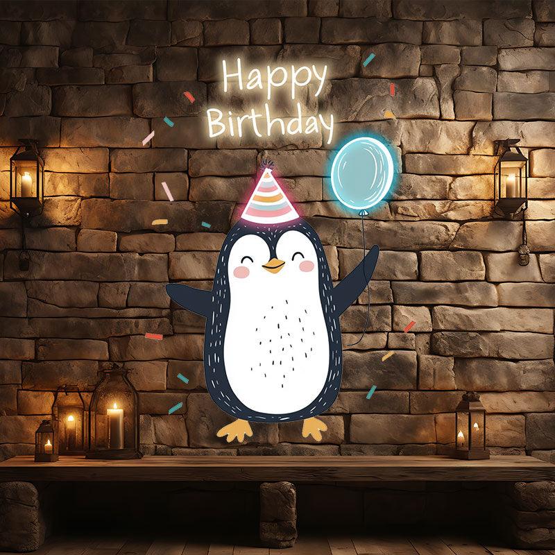 Little Penguin with Balloon Birthday Blessing Neon | LED Decoration Lights | Cute Birthday Party Decoration | Creative Gifts
