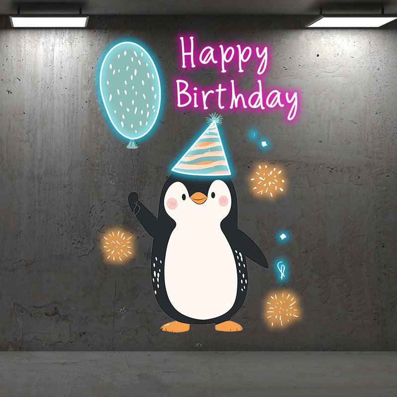 Little Penguin with Balloon Birthday Blessing Neon | LED Decoration Lights | Cute Birthday Party Decoration | Creative Gifts