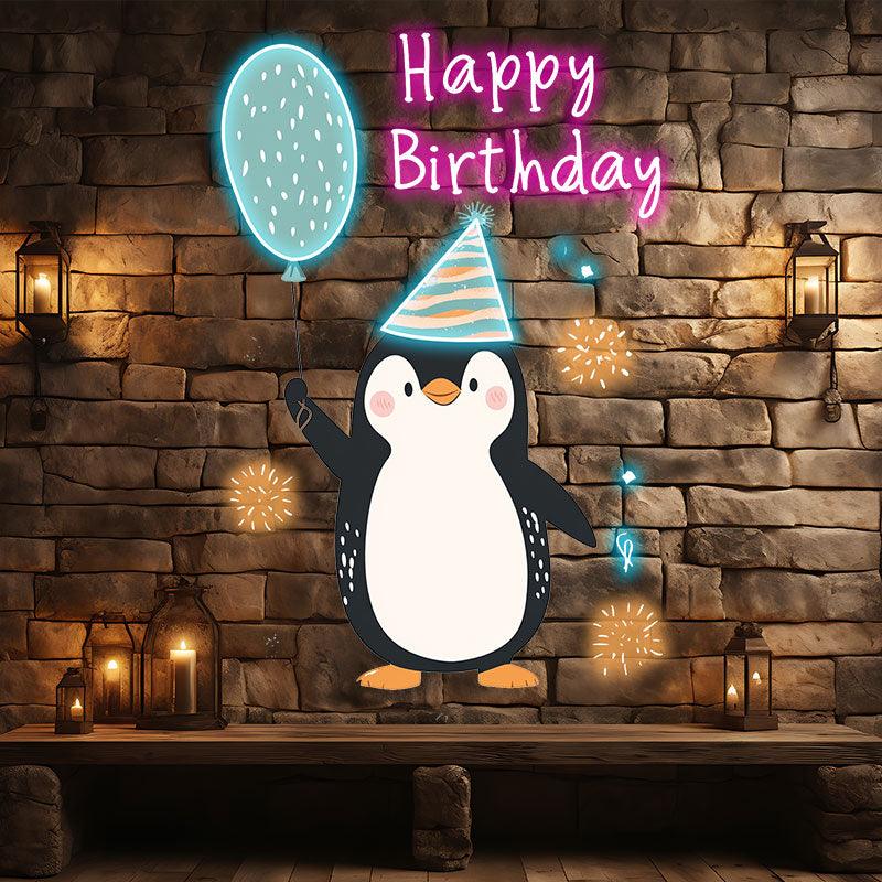 Little Penguin with Balloon Birthday Blessing Neon | LED Decoration Lights | Cute Birthday Party Decoration | Creative Gifts