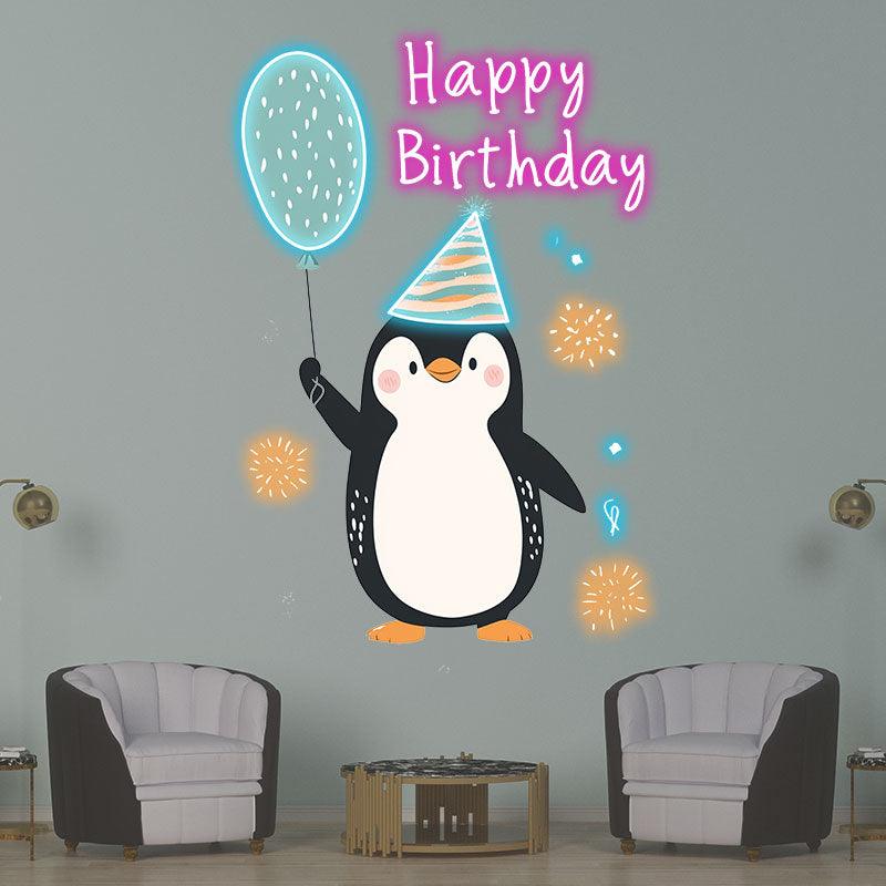 Little Penguin with Balloon Birthday Blessing Neon | LED Decoration Lights | Cute Birthday Party Decoration | Creative Gifts