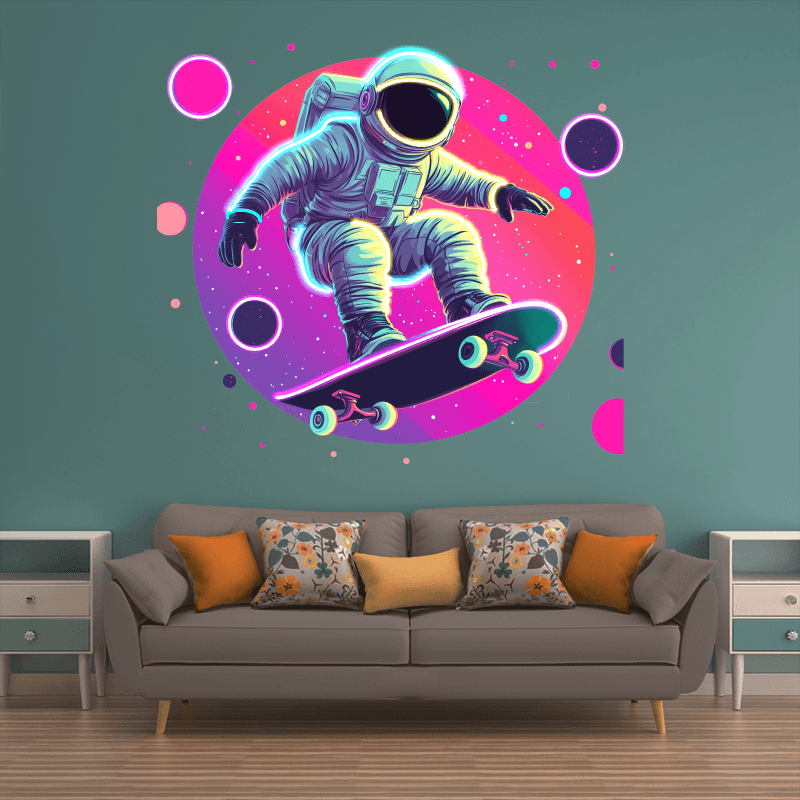 Spaceman Skateboard Jumping LED Neon signs Light - Round Space Background Decoration Light | Creative Home, Party, Gifts