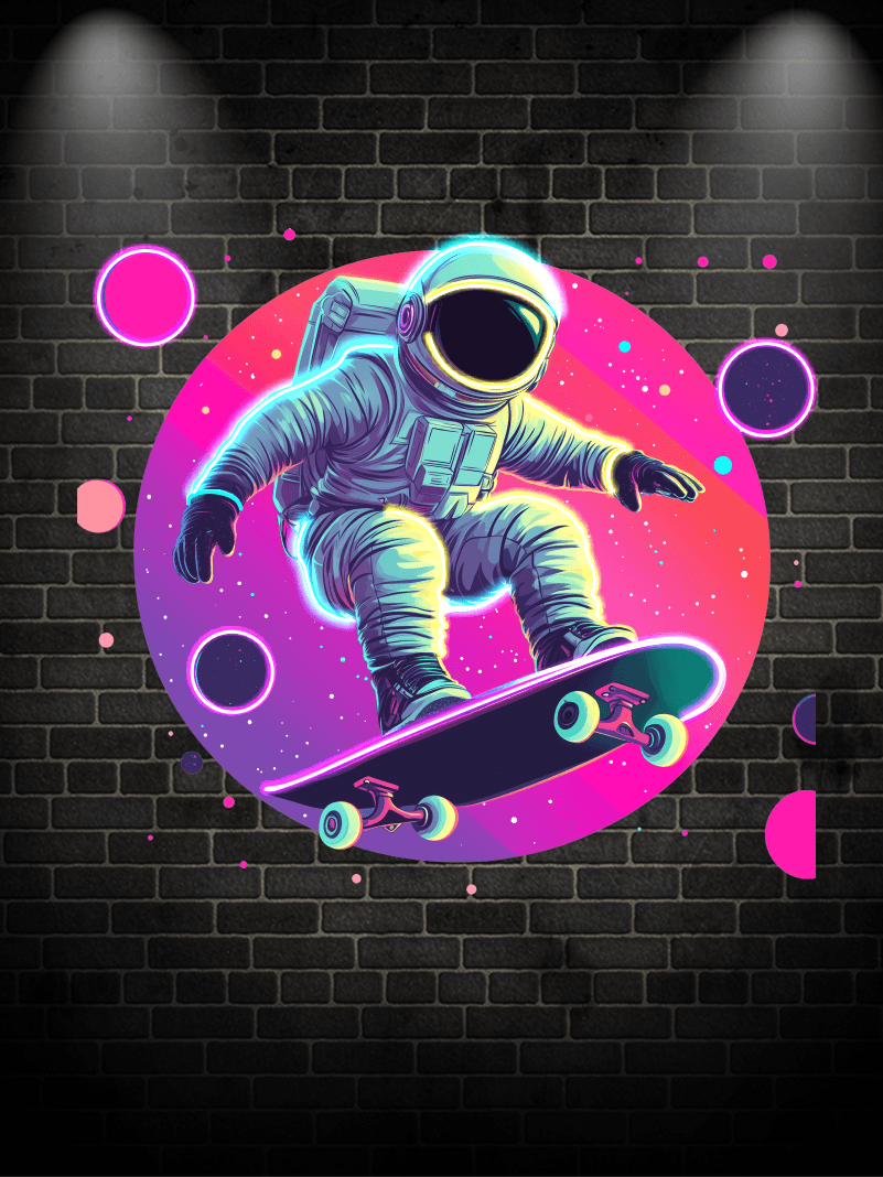 Spaceman Skateboard Jumping LED Neon signs Light - Round Space Background Decoration Light | Creative Home, Party, Gifts