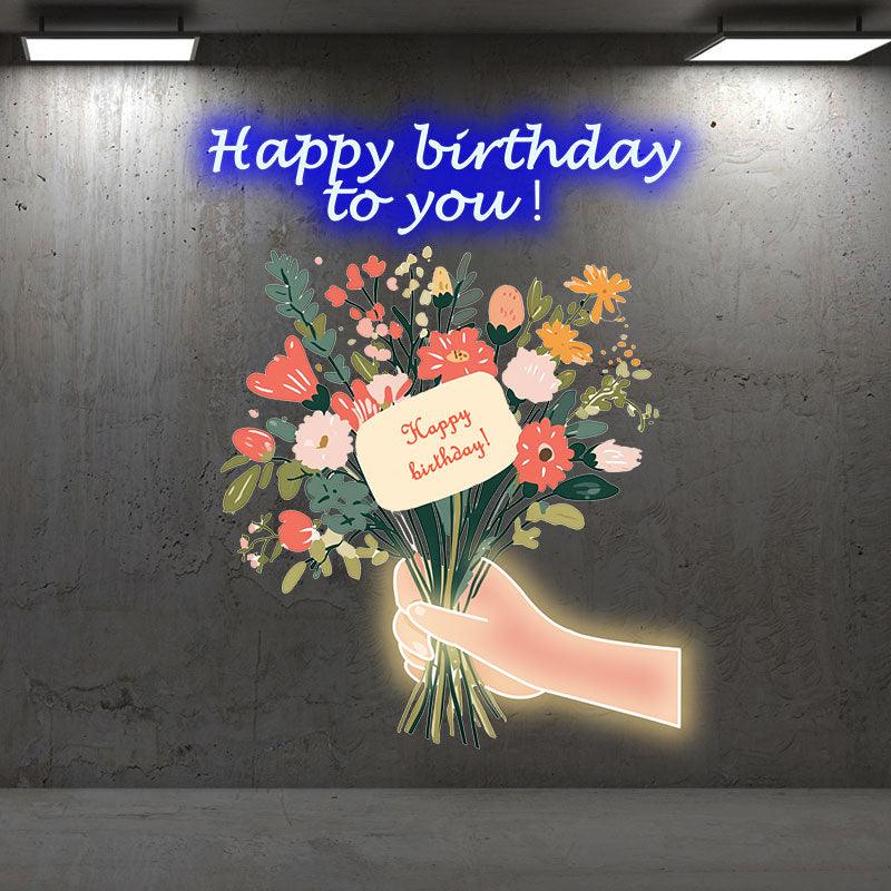 Hand Flower Birthday Wishes Neon signs | LED Decoration Lights | Creative Gifts | Suitable for Birthday Party, Home Decoration