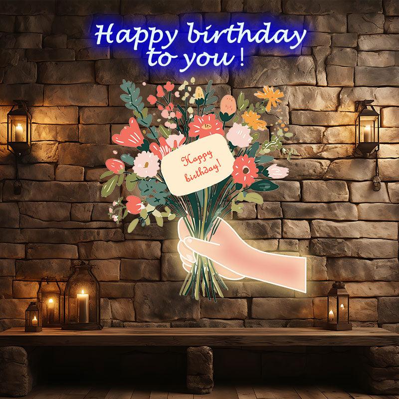 Hand Flower Birthday Wishes Neon signs | LED Decoration Lights | Creative Gifts | Suitable for Birthday Party, Home Decoration