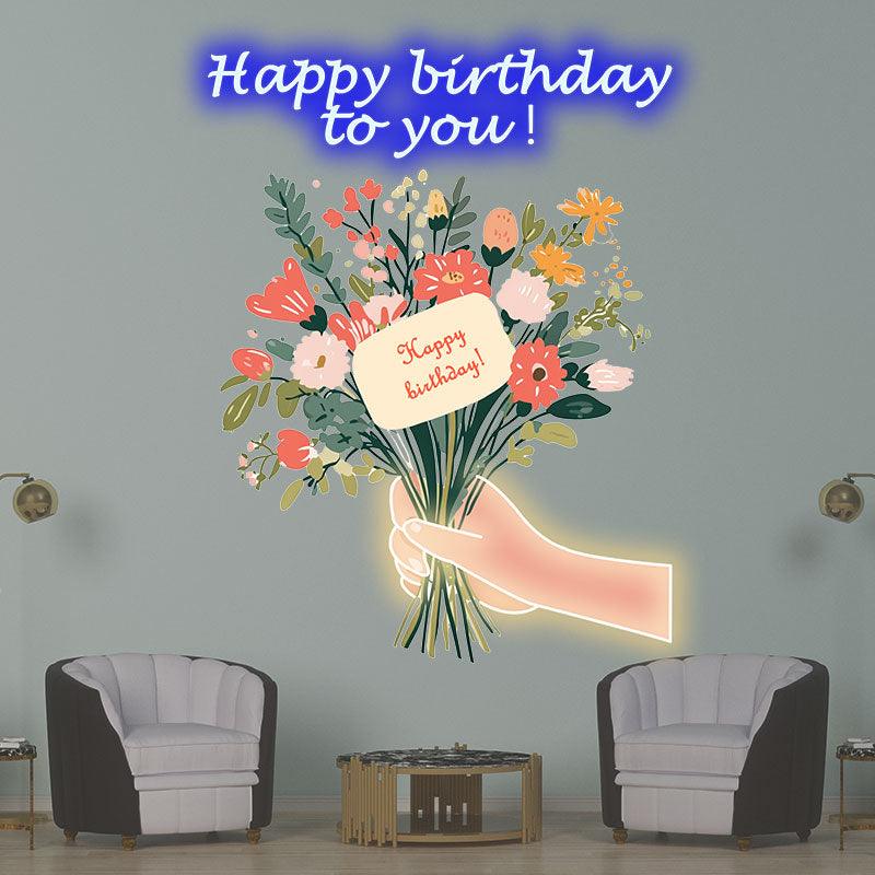 Hand Flower Birthday Wishes Neon signs | LED Decoration Lights | Creative Gifts | Suitable for Birthday Party, Home Decoration