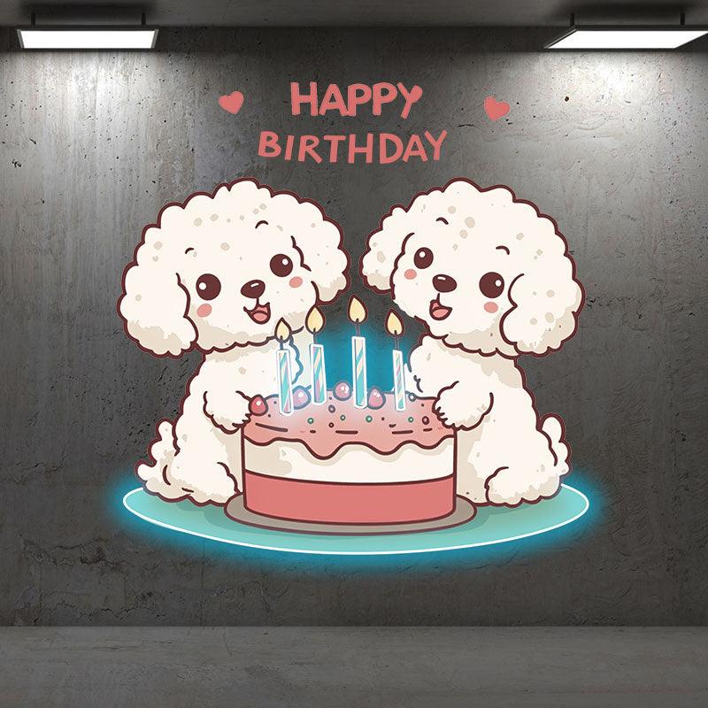 Cute Puppy Around Cake Happy Birthday Neon signs | LED Decoration Lights | Creative Birthday Gifts | Indoor Party Decoration