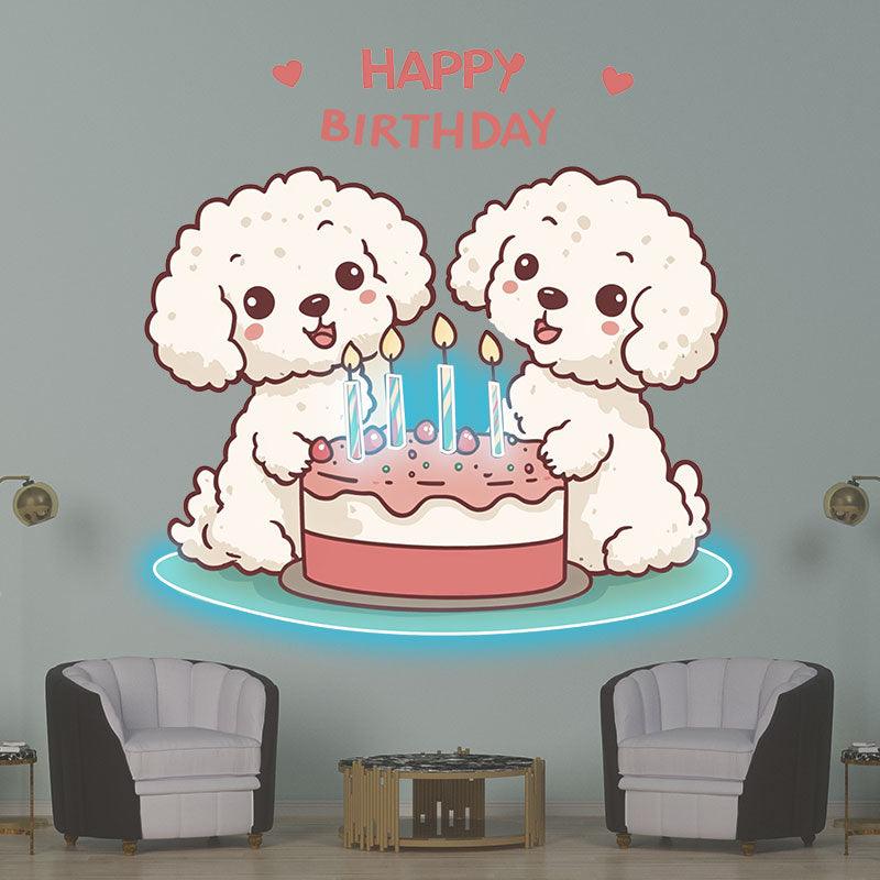 Cute Puppy Around Cake Happy Birthday Neon signs | LED Decoration Lights | Creative Birthday Gifts | Indoor Party Decoration
