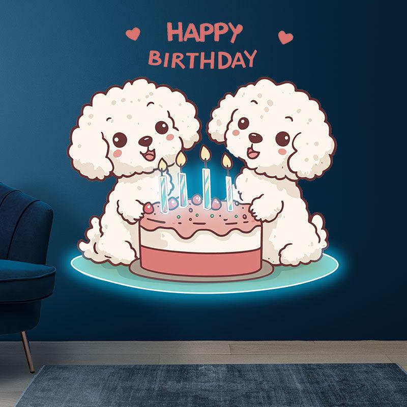 Cute Puppy Around Cake Happy Birthday Neon signs | LED Decoration Lights | Creative Birthday Gifts | Indoor Party Decoration