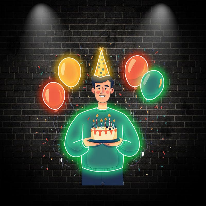 Man Wearing Hat Holding Birthday Cake Neon signs | LED Decoration Lights | Floating Balloon Birthday Wishes | Creative Party Favors