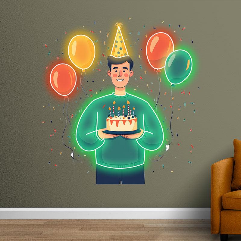 Man Wearing Hat Holding Birthday Cake Neon signs | LED Decoration Lights | Floating Balloon Birthday Wishes | Creative Party Favors