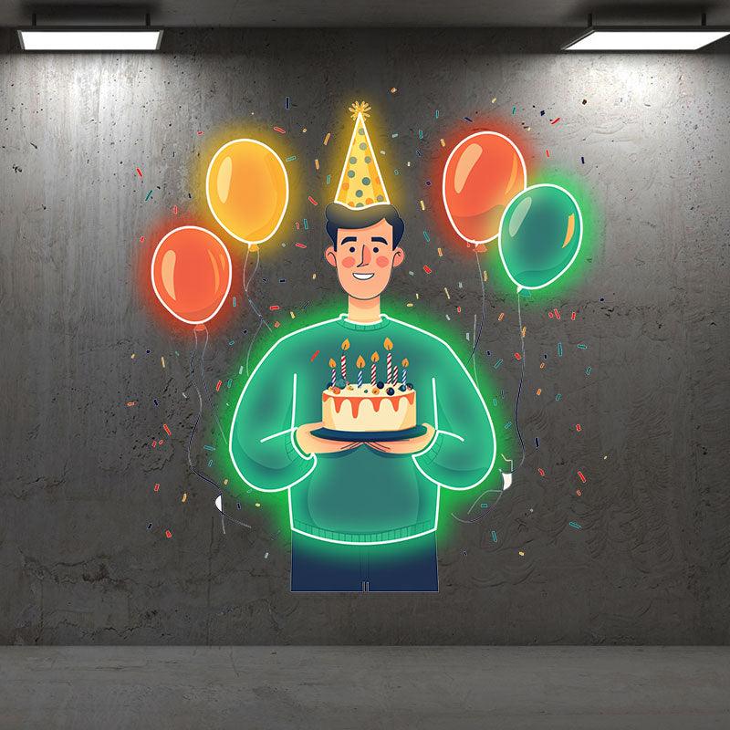 Man Wearing Hat Holding Birthday Cake Neon signs | LED Decoration Lights | Floating Balloon Birthday Wishes | Creative Party Favors