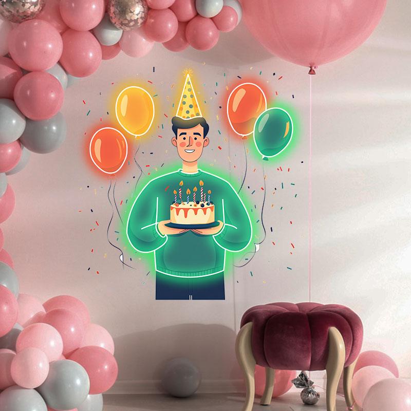 Man Wearing Hat Holding Birthday Cake Neon signs | LED Decoration Lights | Floating Balloon Birthday Wishes | Creative Party Favors