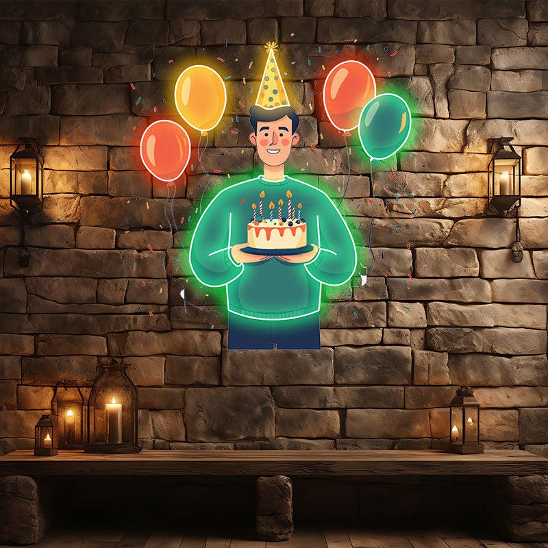 Man Wearing Hat Holding Birthday Cake Neon signs | LED Decoration Lights | Floating Balloon Birthday Wishes | Creative Party Favors